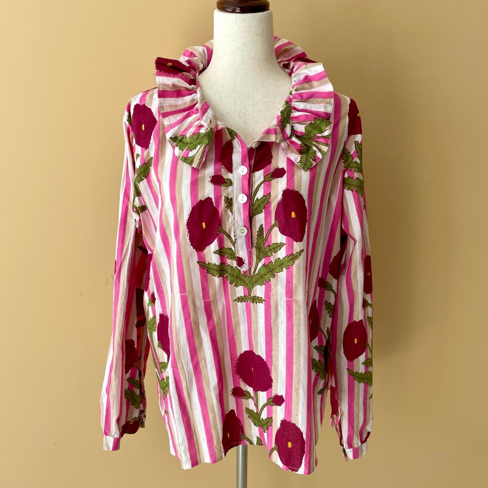 LE BAZAR COASTAL Ruffle Neck Floral Poppy Stripe Popover Shirt